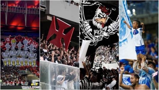 Torcida de Flamengo (esq), Vasco (centro esq), Atlético (centro dir) e Cruzeiro (dir)