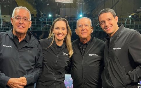 Mauro Naves, Nadine Basttos, Galvão Bueno e Rafael Oliveira em transmissão do Prime Video