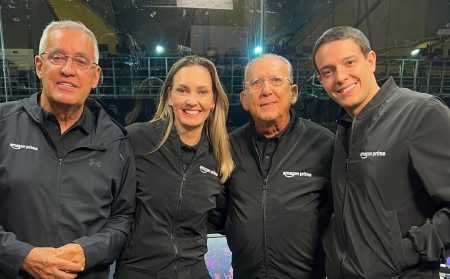 Mauro Naves, Nadine Basttos, Galvão Bueno e Rafael Oliveira em transmissão do Prime Video