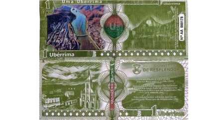 Foto mostra cédula de Ubérrima, moeda local de Resplendor (MG)