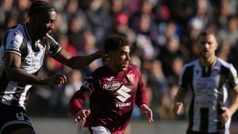 Udinese abre dois a zero, mas cede empate ao Torino no Campeonato Italiano