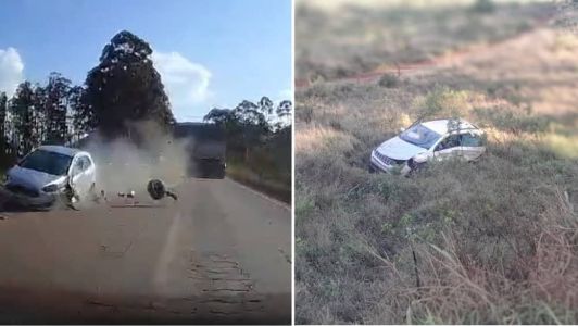 Um dos veículos foi parar fora da pista