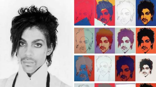 Um retrato de Prince tirado por Lynn Goldsmith (à esquerda) em 1981 e 16 imagens serigrafadas que Andy Warhol criou posteriormente usando a foto como referência
