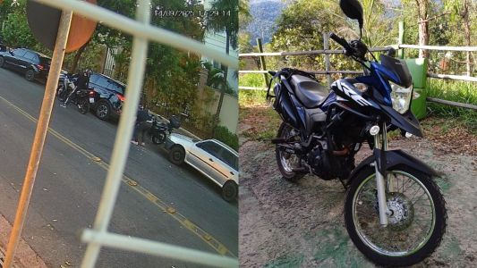 Colagem com a ação dos bandidos capturada por uma câmera de segurança e a moto furtada