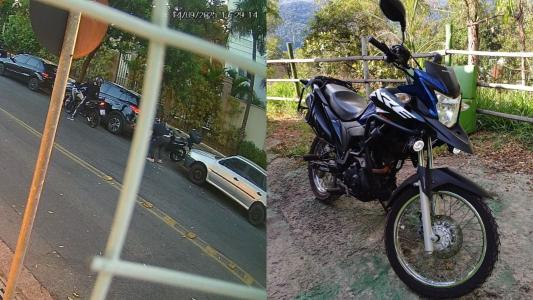 Colagem com a ação dos bandidos capturada por uma câmera de segurança e a moto furtada