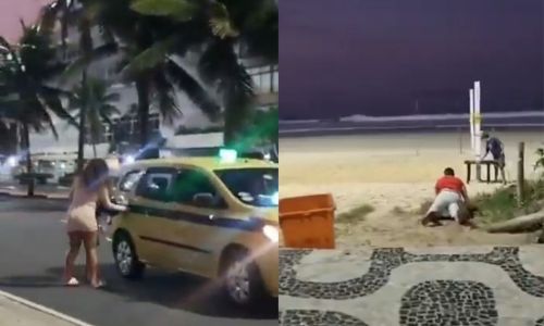 Vídeos gravados por uma testemunha e postado nas redes sociais mostram um dos turistas cambaleando pela areia da Praia de Ipanema