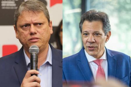 Governador de São Paulo, Tarcísio de Freitas (Republicanos), e ministro da Fazenda, Fernando Haddad (PT)