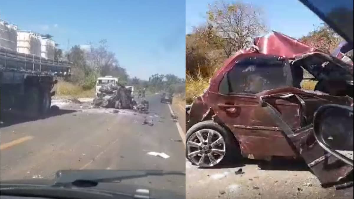 Vídeo: carro fica destruído após batida com dois caminhões em Minas; uma pessoa morreu