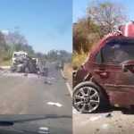 Vídeo: carro fica destruído após batida com dois caminhões em Minas; uma pessoa morreu