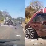 Vídeo: carro fica destruído após batida com dois caminhões em Minas; uma pessoa morreu