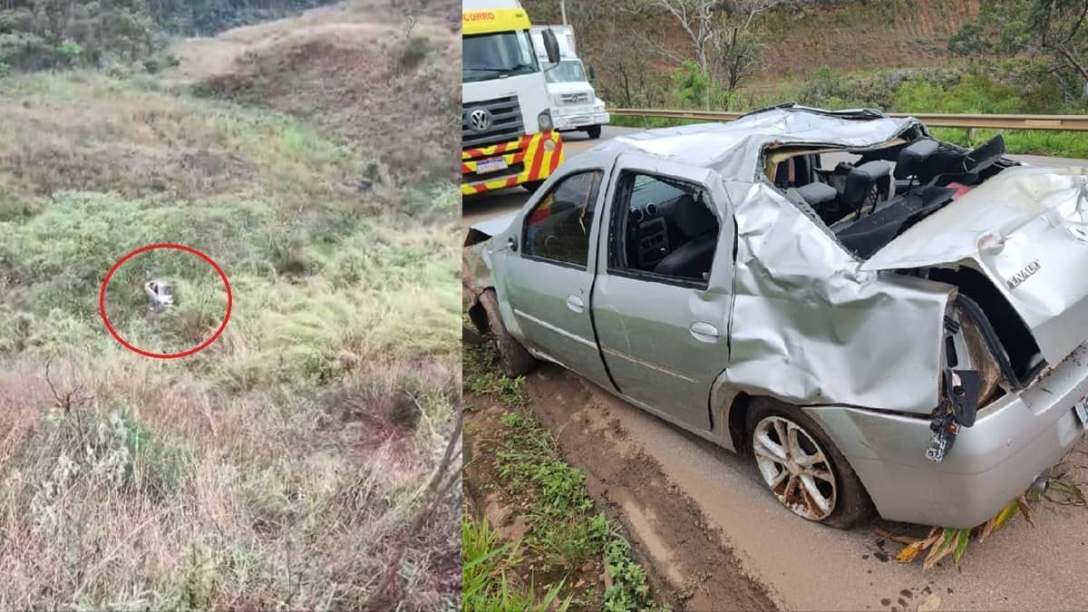 Vídeo: médico se salva após carro cair em barranco e ficar destruído em Minas