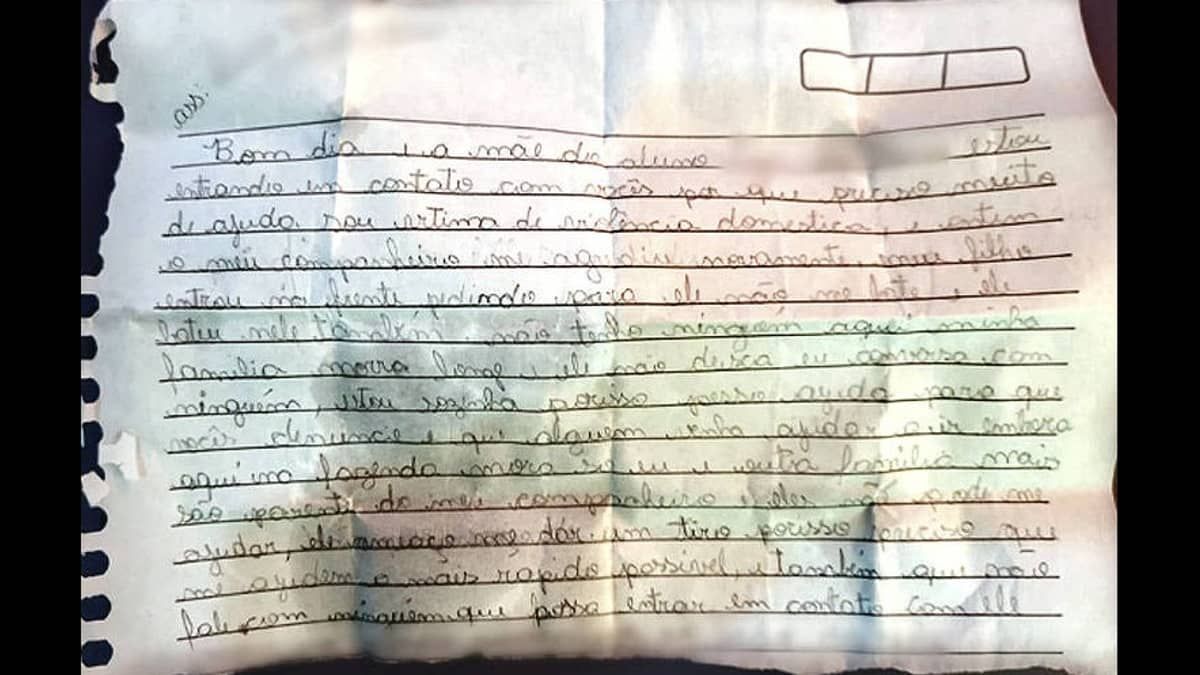 Vítima de violência é socorrida após filho de 10 anos levar bilhete para a escola