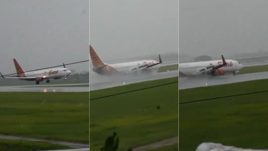 Avião inclina e fica torto para pousar na Indonésia.