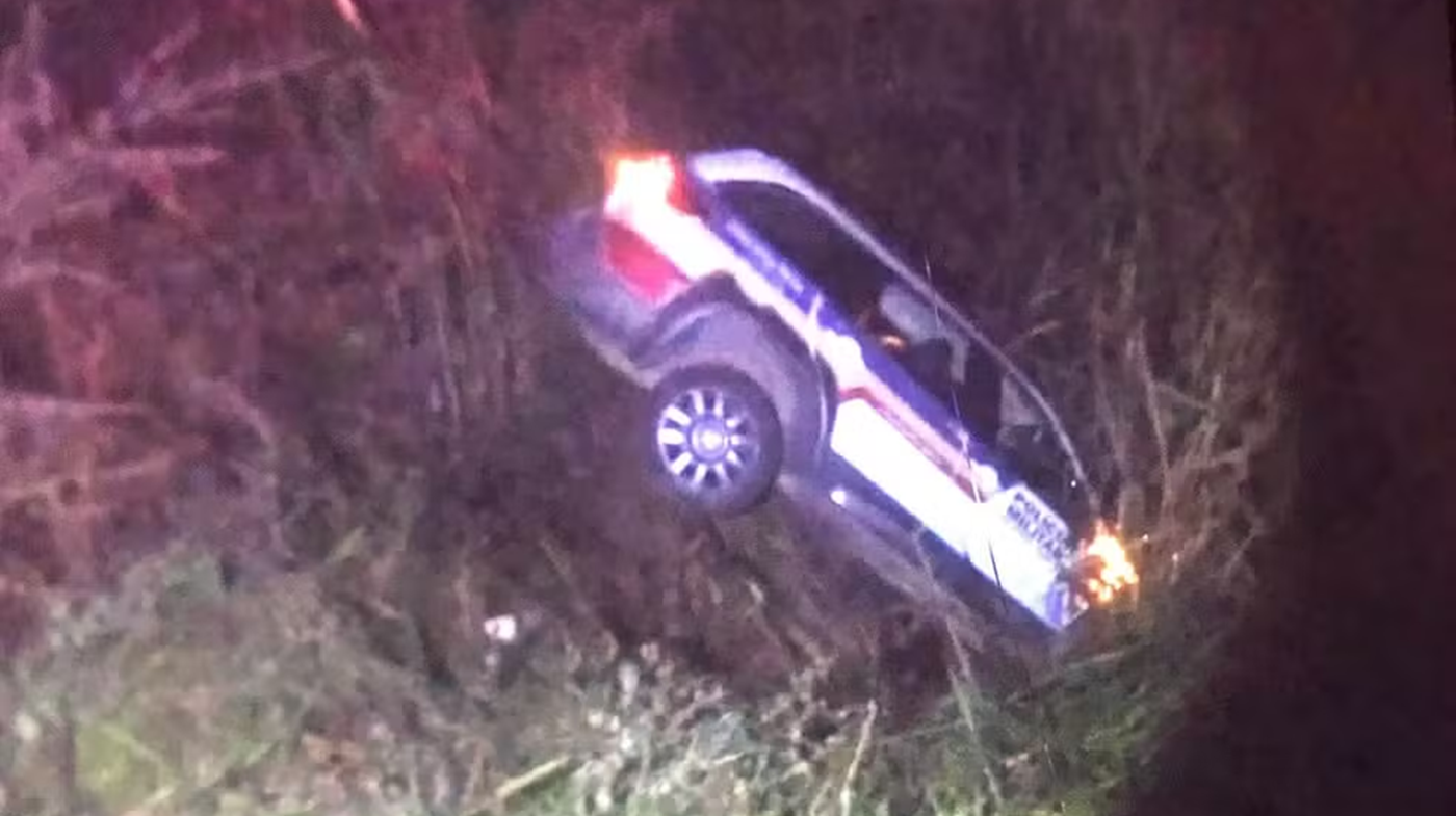 Caminhão desvia de vaca em rodovia e joga viatura da PM em ribanceira em MG