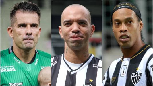 Victor (esq), Diego Tardelli (centro) e Ronaldinho Gaúcho (dir), ex-jogadores do Atlético