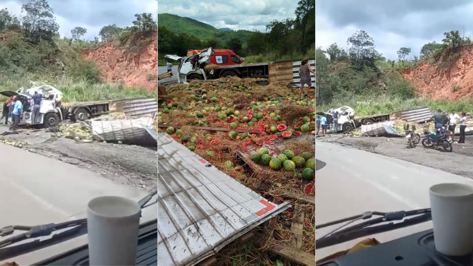 Vídeo: caminhão de melancia tomba e deixa um morto na BR-381 em Sabará, na Grande BH