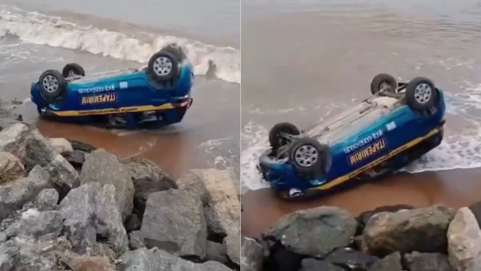 Vídeo: aluna de autoescola confunde pedais, bate carro e cai no mar em praia do ES
