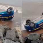 Vídeo: aluna de autoescola confunde pedais, bate carro e cai no mar em praia do ES