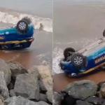 Vídeo: aluna de autoescola confunde pedais, bate carro e cai no mar em praia do ES
