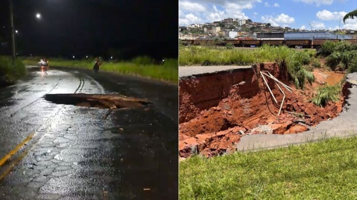 Vídeo: após forte chuva, cratera engole pista e bloqueia acesso em Juiz de Fora, no interior de MG