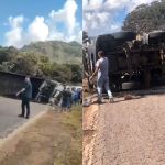 Vídeo: carreta tomba na BR-040, em Congonhas, e interdita os dois sentidos da rodovia