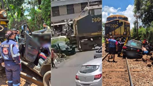 Vídeo: carro com quatro ocupantes, entre eles um bebê, é atingido por trem na Grande BH