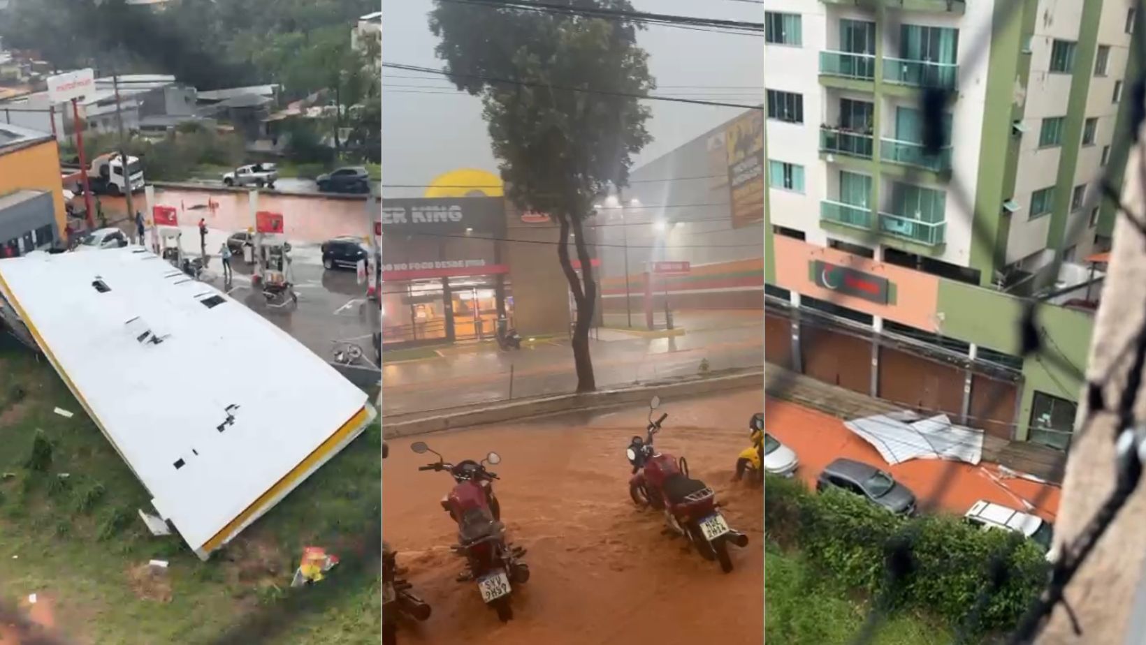 Vídeo: forte chuva arranca telhados e cobertura de posto de combustível no interior de MG