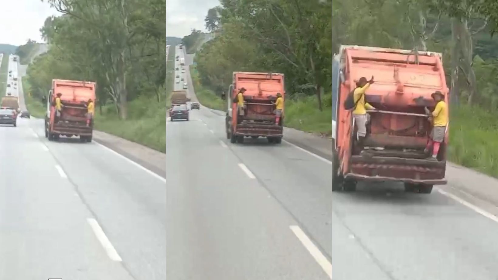 Vídeo: garis são flagrados pendurados em caminhão de coleta seletiva em plena BR-040