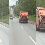 Vídeo: garis são flagrados pendurados em caminhão de coleta seletiva em plena BR-040