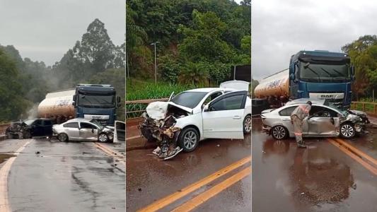 Vídeo: grave acidente entre carreta-tanque e quatro carros deixa feridos e interdita a BR-356