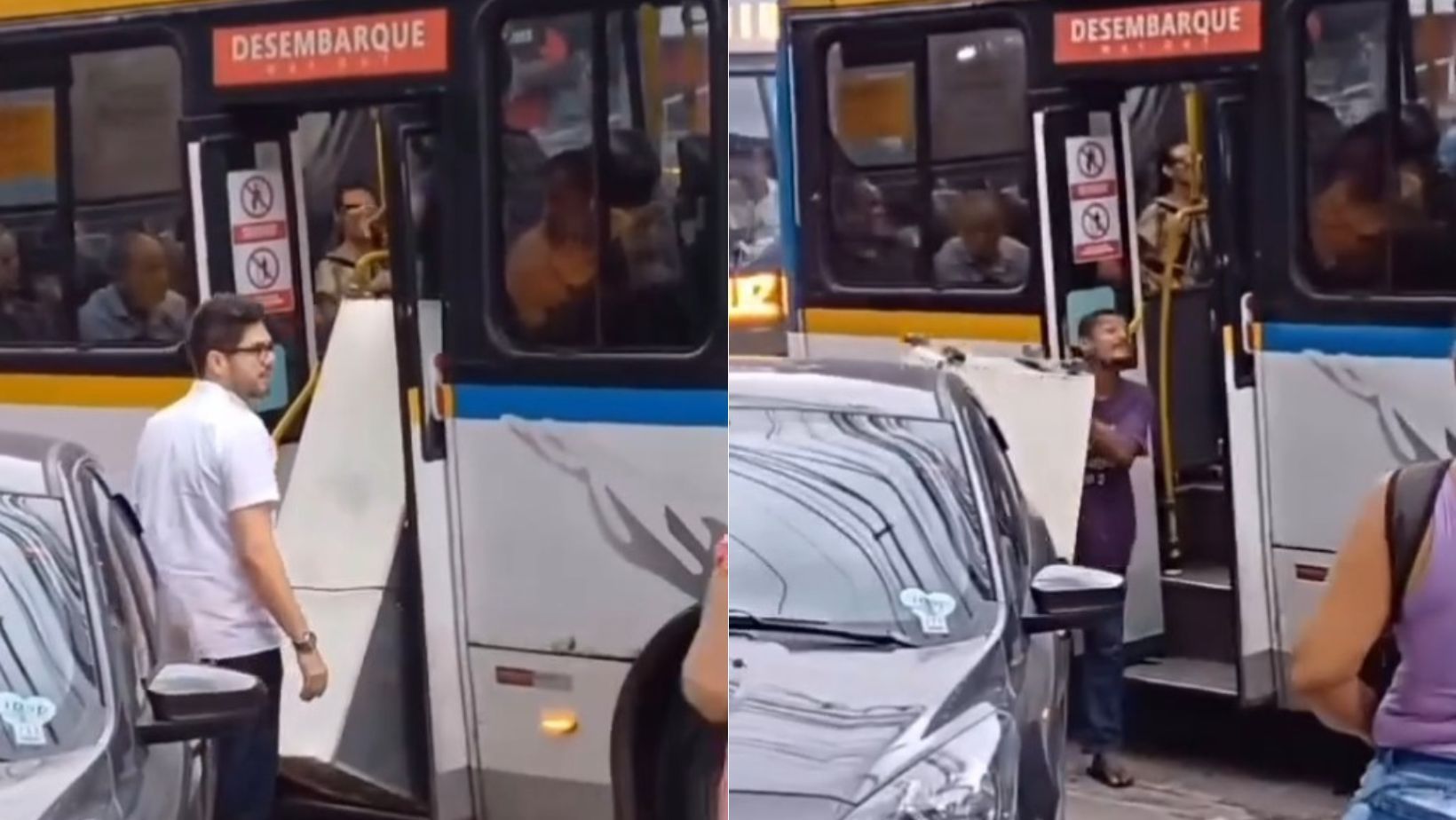 Vídeo: homem tenta entrar com geladeira em ônibus, é impedido e xinga motorista no RJ
