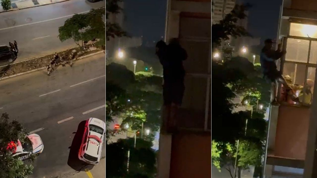 Vídeo: homem escala fachada, tenta invadir apartamentos e é resgatado no 5º andar em BH