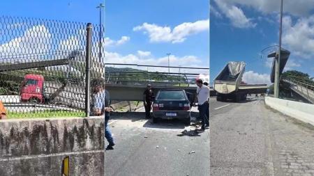 Vídeo: motorista morre esmagado após caminhão derrubar passarela na BR-116, em Magé, no RJ