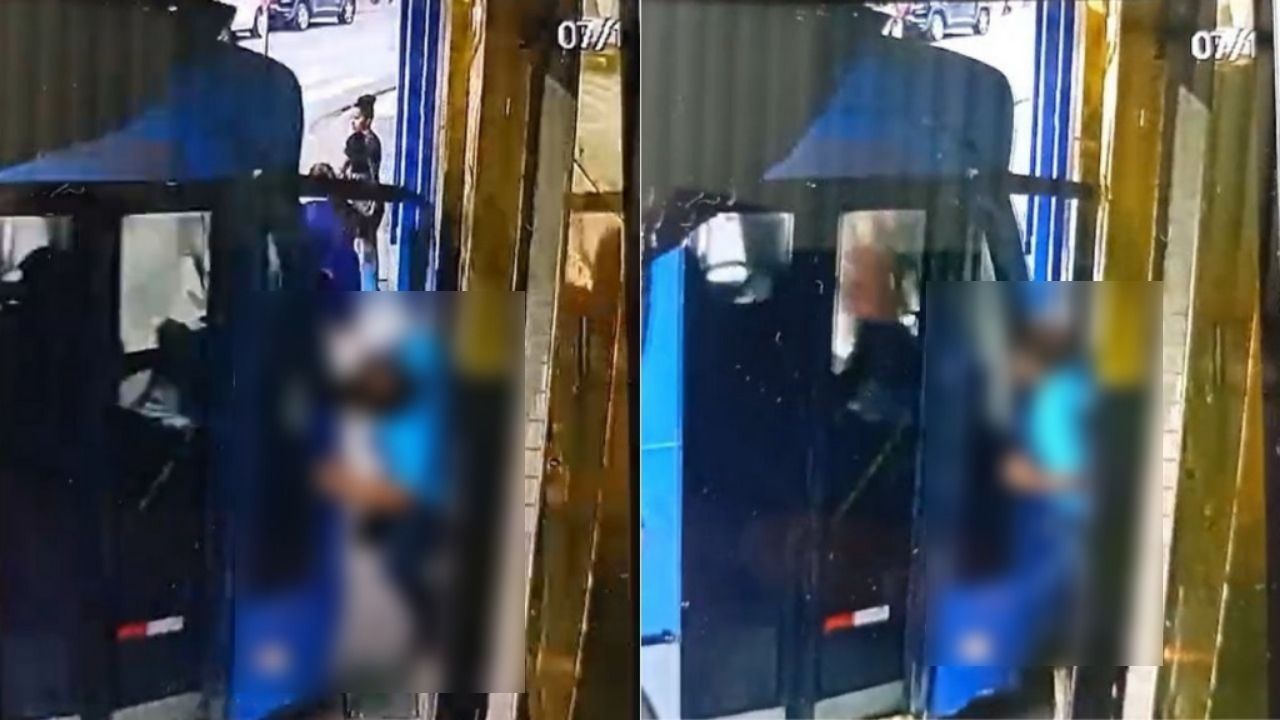 Vídeo: ônibus invade padaria e prensa homem contra parede no interior de Minas