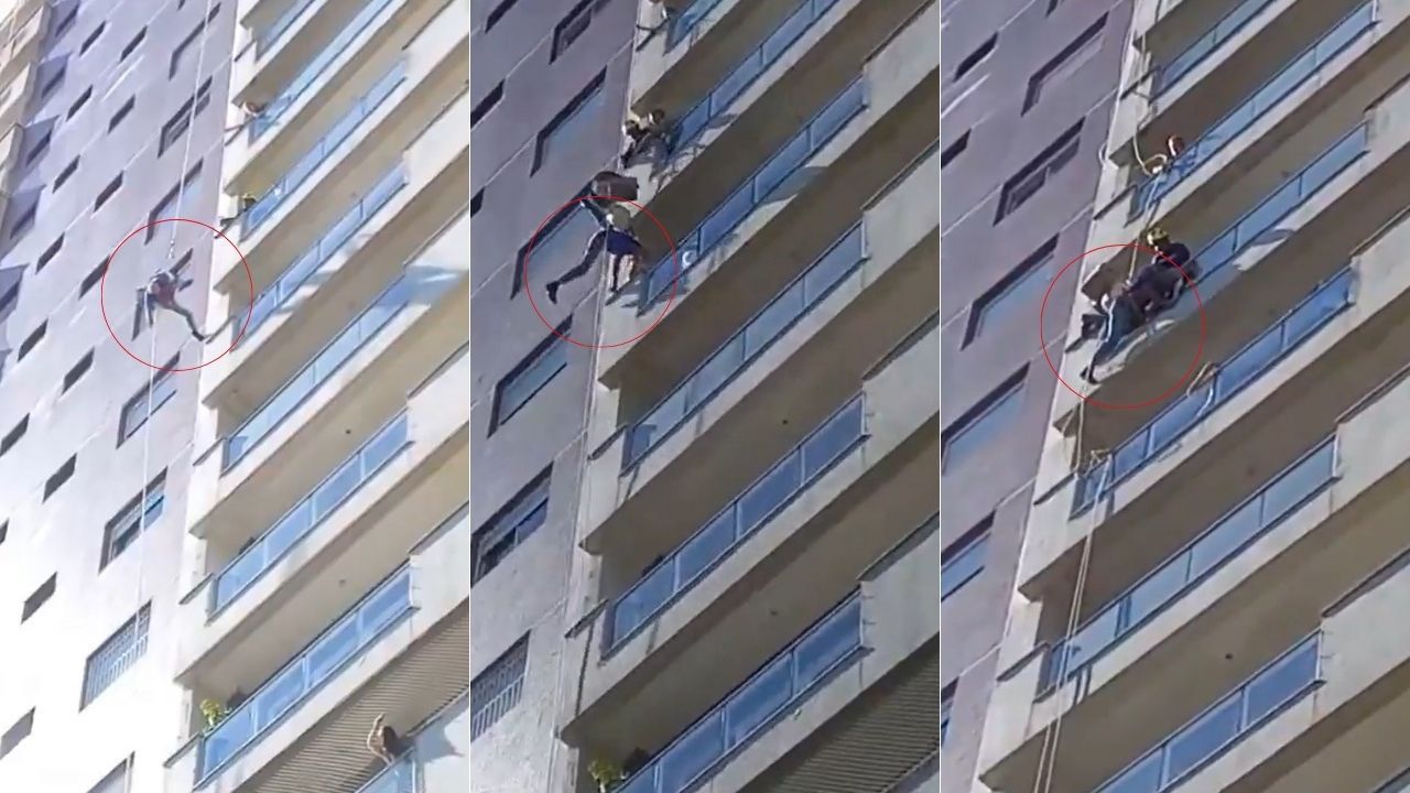 Vídeo: trabalhador sofre mal súbito e fica pendurado durante serviço em prédio em Santos
