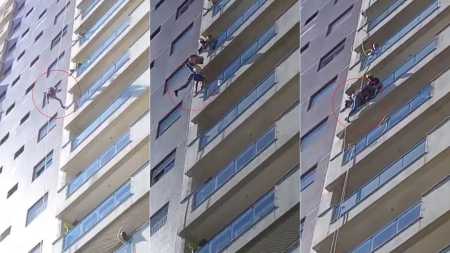 Vídeo: trabalhador sofre mal súbito e fica pendurado durante serviço em prédio de Santos