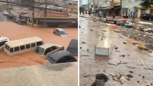 Vídeos mostram carros sendo arrastados e móveis que foram parar no meio da rua