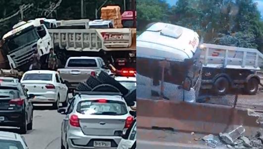 Foto mostra carreta virada na BR-381