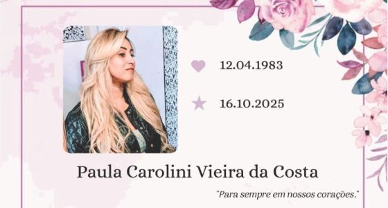 Paula Carolini Vieira da Costa será enterrada nesta terça-feira (21)