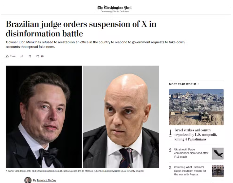 Veja o que a imprensa internacional falou sobre a decisão de Moraes de suspender o X/Twitter