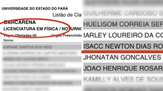 Imagens mostram lista de classificados para licenciatura em Física; entre eles está Isacc Newton