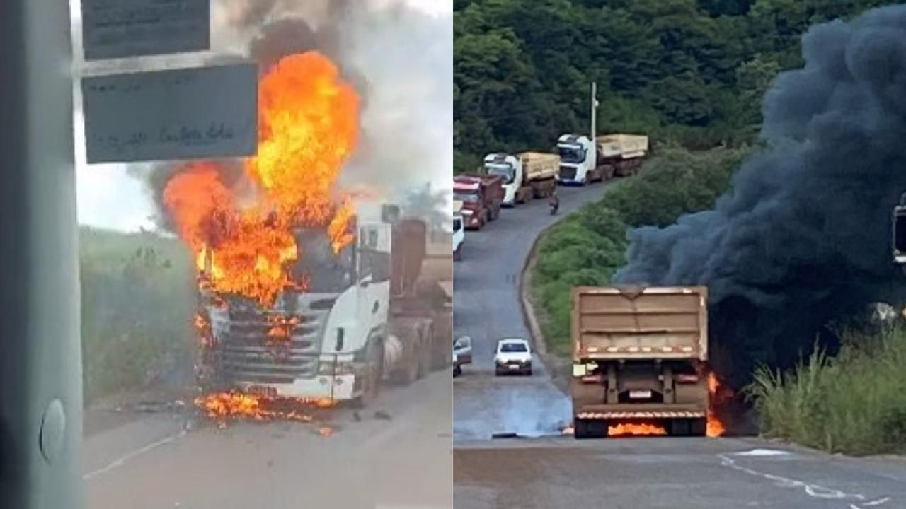 Vídeo: carreta pega fogo na rodovia AMG-155, na Grande BH, nesta segunda (12)