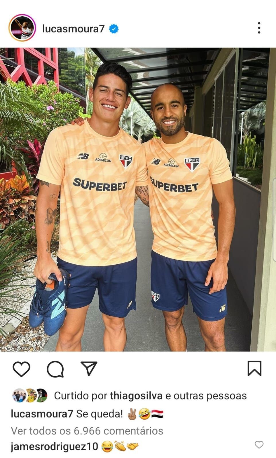 Lucas publica foto e comemora permanência de James Rodríguez no São Paulo