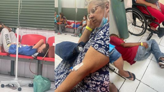 Imagens mostram criança e idosos aguardando atendimento