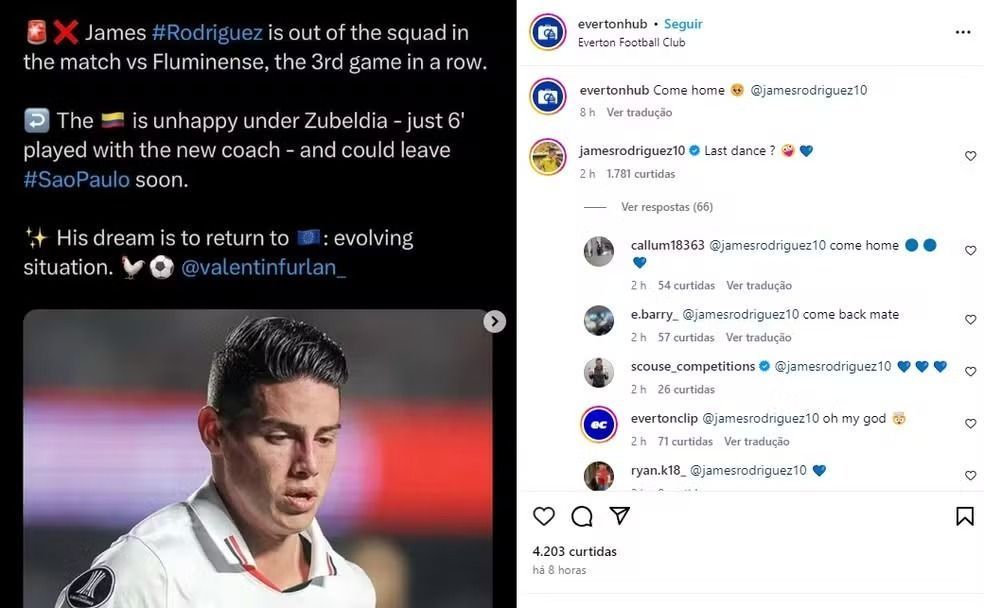 Sem espaço no São Paulo, James comenta post e insinua volta ao Everton