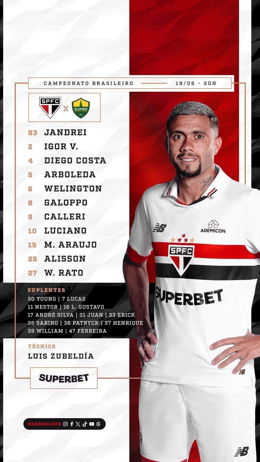 São Paulo x Cuiabá: com novidades, escalações estão definidas para jogo do Brasileirão