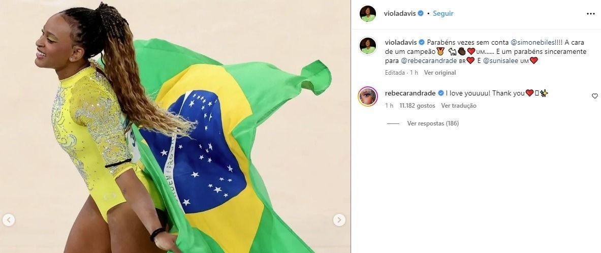 Paris 2024: Viola Davis publica foto de Rebeca Andrade, que reage