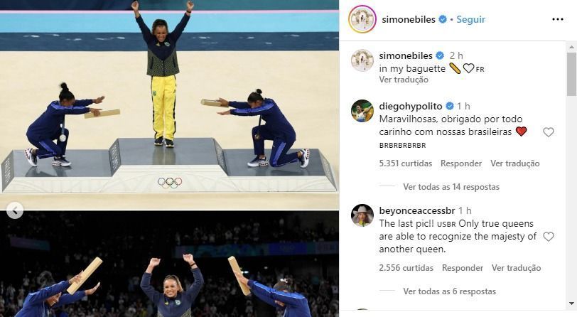 Simone Biles publica foto icônica com reverência a Rebeca Andrade em Paris