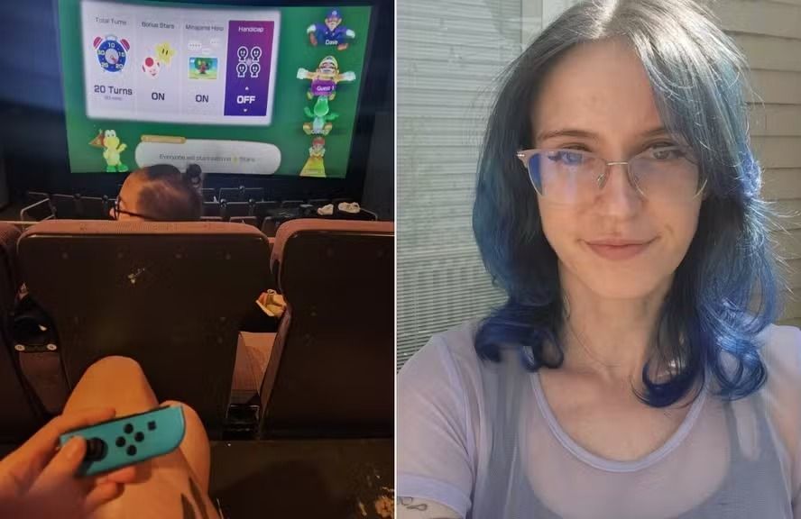 Mulher aluga sala de cinema para jogar videogame com amigos