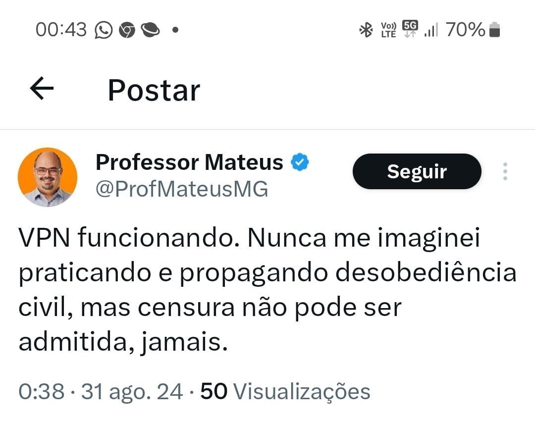 Vice-governador de Minas usa VPN para postar no X: “nunca me imaginei propagando a desobediência civil”